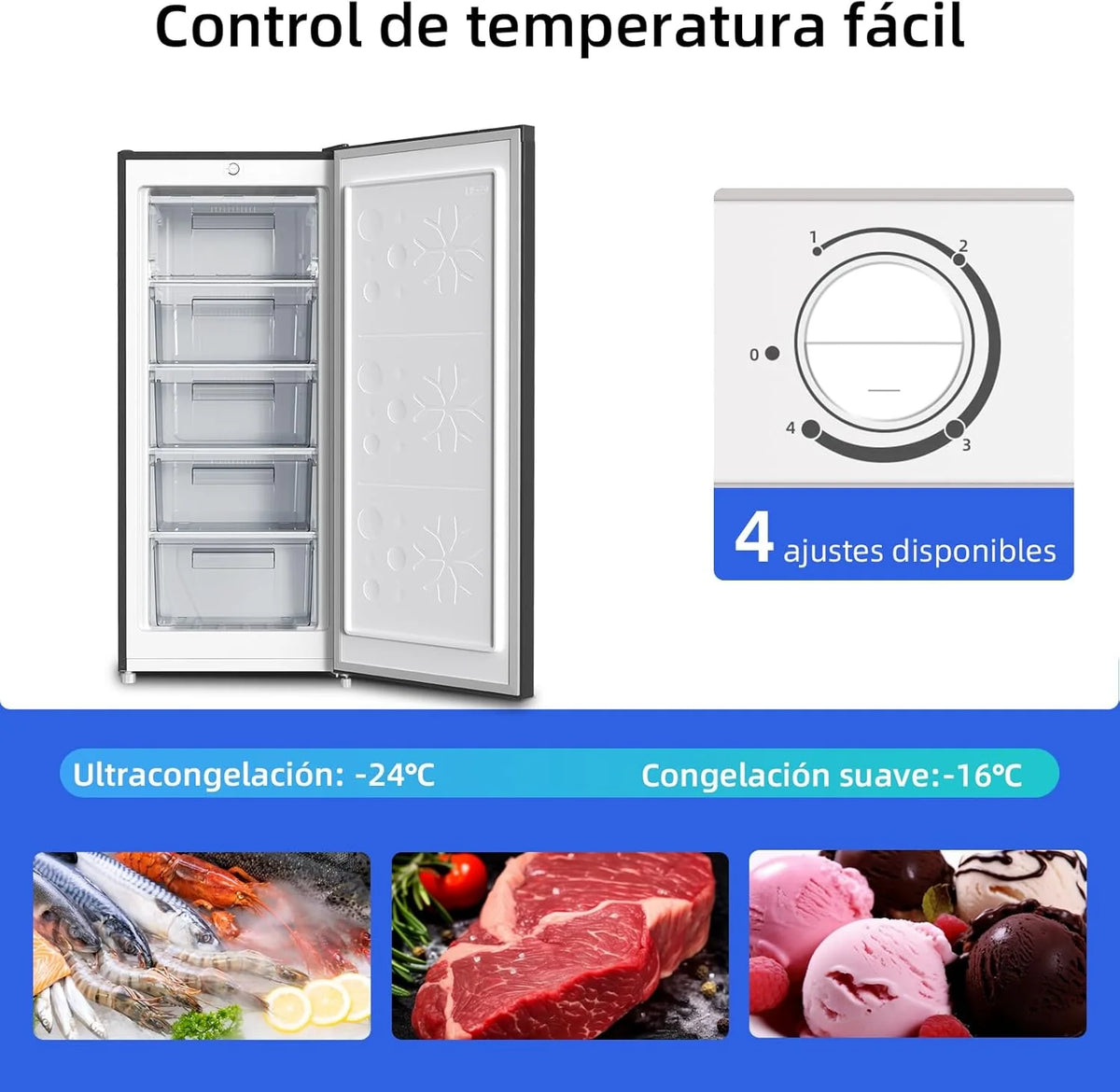 Congelador vertical independiente CHiQ, 145L de capacidad, congelación rápida, termostato ajustable, silencioso, puerta reversible, negro, clasificación energética E