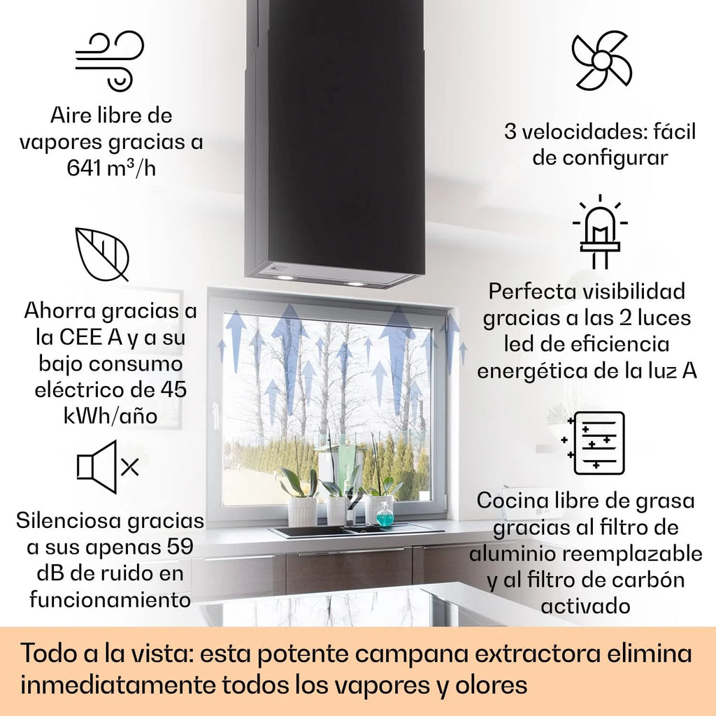 Klarstein Campana Isla Cocina, Extractor para Islas, Campana Techo Flujo Aire 641m³/h, Temporizador, Extractora Isla Regulable, Humos 3 Modos y Filtros de Carbón Activo