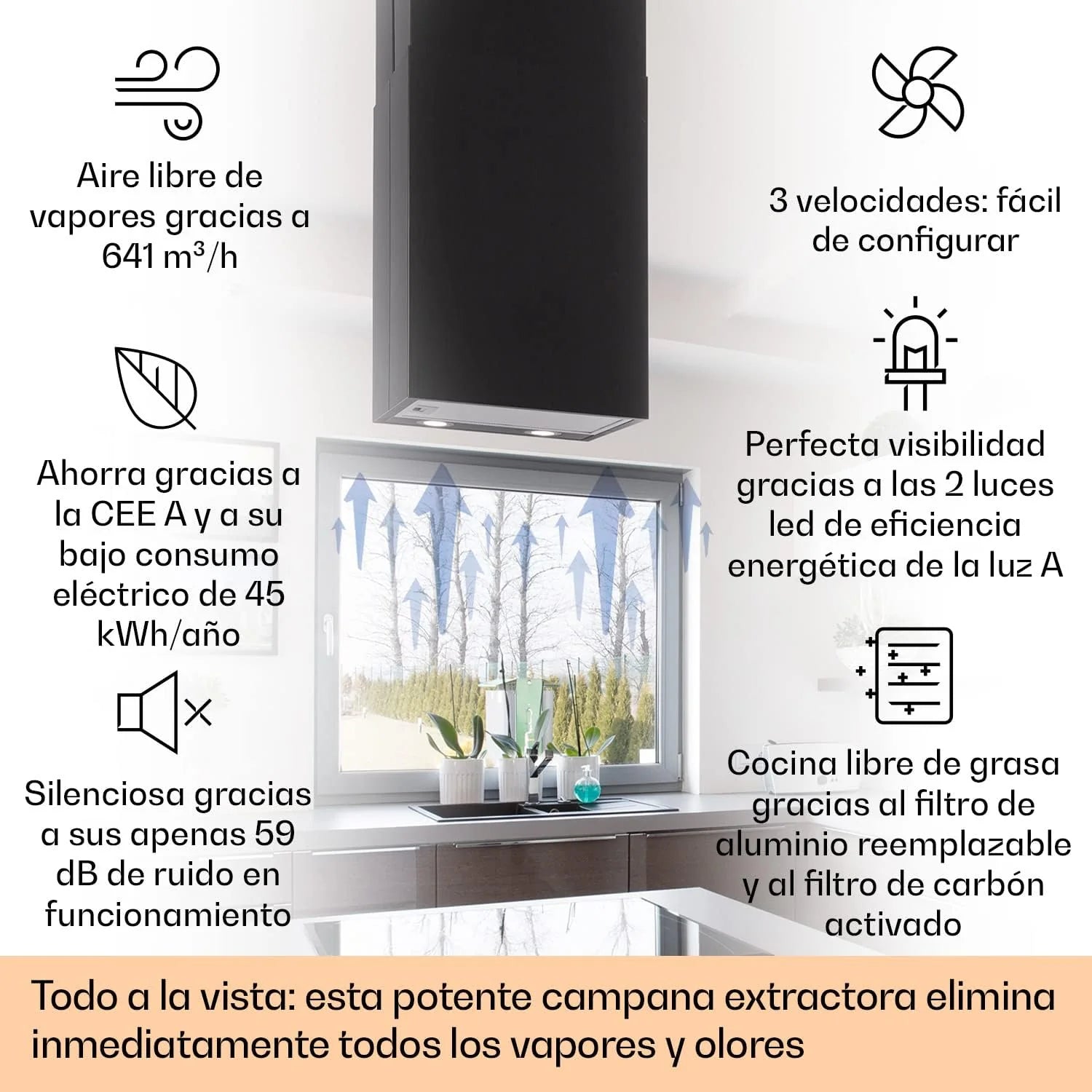Klarstein Campana Isla Cocina, Extractor para Islas, Campana Techo Flujo Aire 641m³/h, Temporizador, Extractora Isla Regulable, Humos 3 Modos y Filtros de Carbón Activo