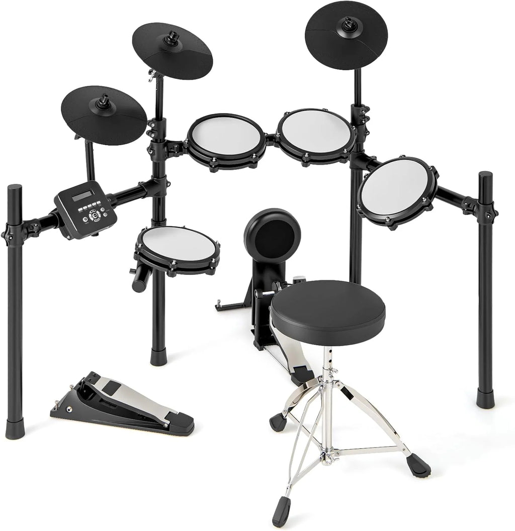 COSTWAY Batería Eléctrica, Kit de Batería Plegable con Pads de Malla Silenciosos, Platillo, 225 Sonidos y 30 Demos, Metrónomo y USB Midi, Bombo, 2 Baquetas, Taburete Ajustable, para Adultos y Niños