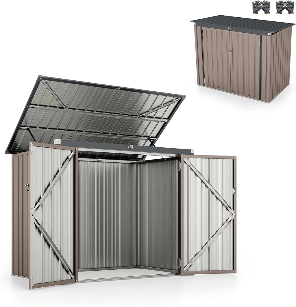 HOMASIS Cobertizo de Jardín, Caseta Metálica con Tapa Abatible de Exterior, Cobertizo de Herramientas con Doble Puerta, Alta Resistencia para Granja, Terraza, 172x101x130cm, Gris (Gris Cálido)
