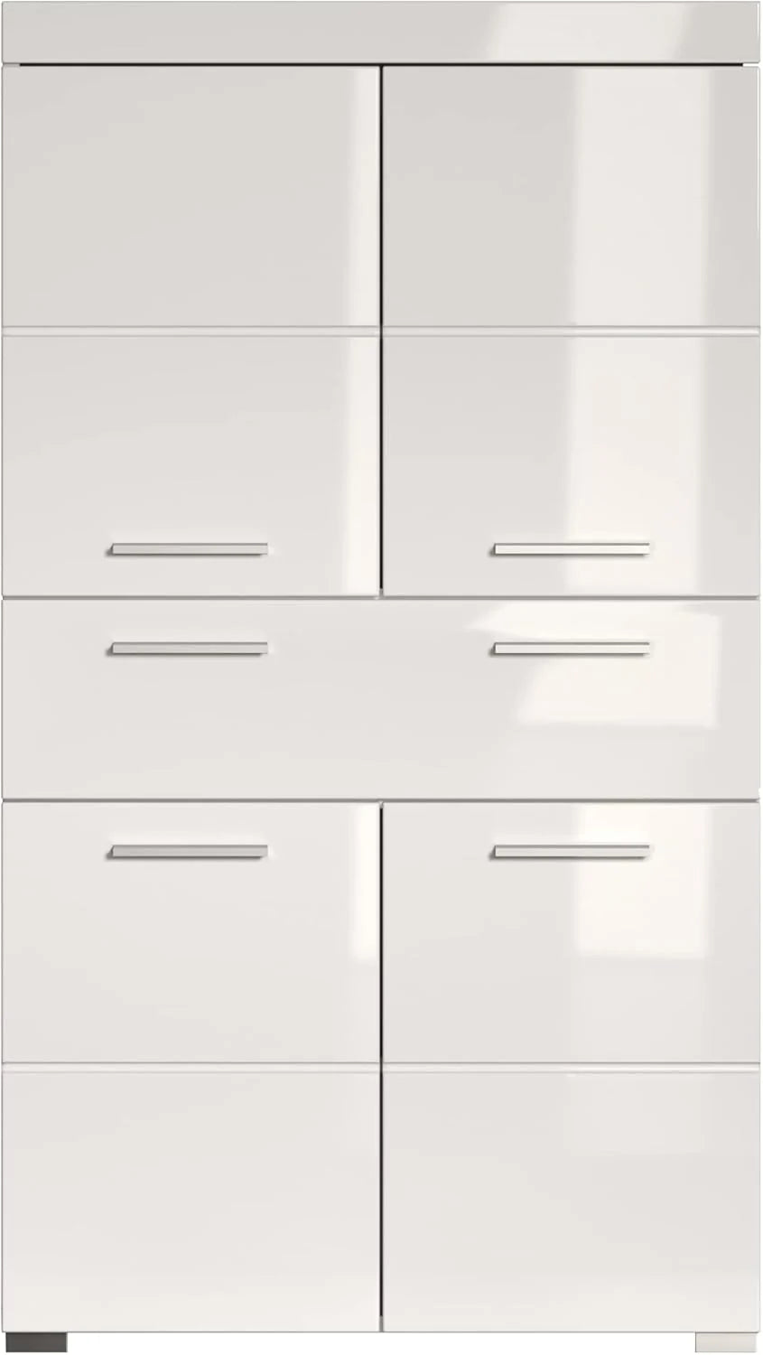 trendteam smart living Armario Alto para baño Amanda, 73 x 132 x 31 cm, en Blanco y Blanco de Brillo Intenso con cajón y abundante Espacio de Almacenamiento