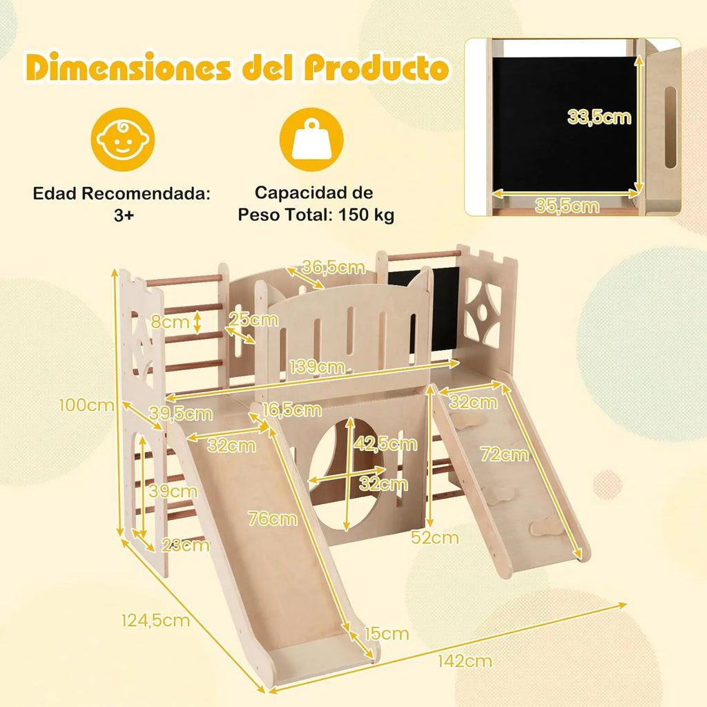 COSTWAY 8 en 1 Parque de Juegos de Interior de Madera con Temática de Castillo, Tobogán Infantil, Escalador, Escaleras, Almacenamiento, Pizarra, Túnel, Juego Montessori para Niños de 3+ Niños