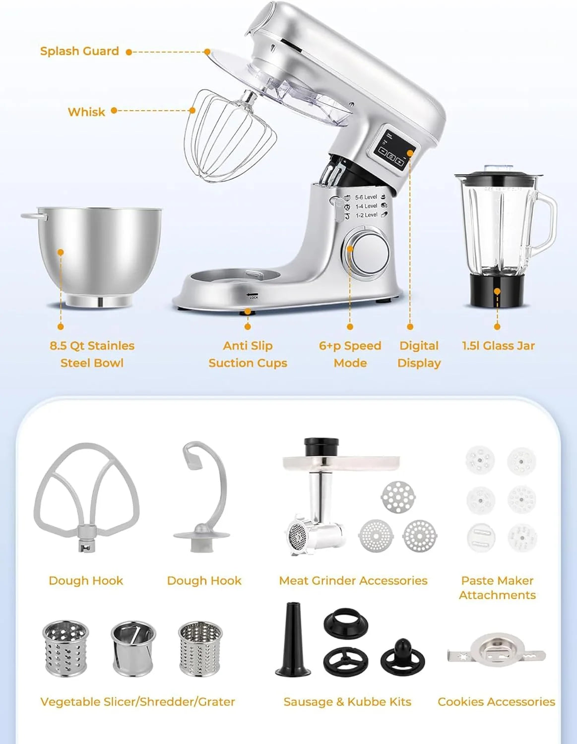 Batidora de pie de 8 l - Batidora eléctrica de cocina con pantalla LED, 6 velocidades, cabezal inclinable, recipiente de acero inoxidable, incluye picadora de carne, gancho para masa, batido