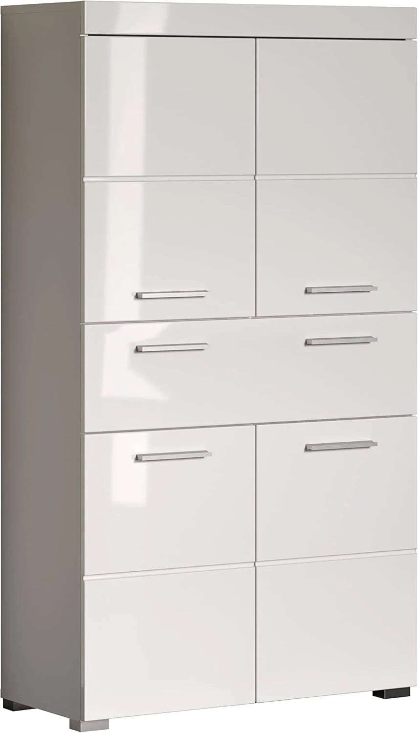 trendteam smart living Armario Alto para baño Amanda, 73 x 132 x 31 cm, en Blanco y Blanco de Brillo Intenso con cajón y abundante Espacio de Almacenamiento