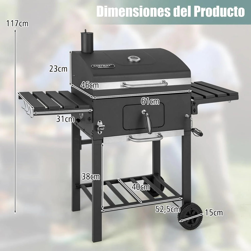 COSTWAY Barbacoa Carbon XXL, Barbacoa Portatil 128 x 54x 117 cm, Tapa, Termómetro, 2 Mesas Laterales Plegables, 8 Ganchos, 2 Ruedas y Abridor de Botellas