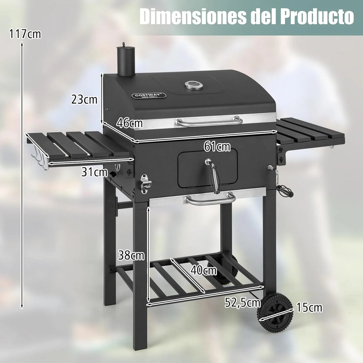 COSTWAY Barbacoa Carbon XXL, Barbacoa Portatil 128 x 54x 117 cm, Tapa, Termómetro, 2 Mesas Laterales Plegables, 8 Ganchos, 2 Ruedas y Abridor de Botellas