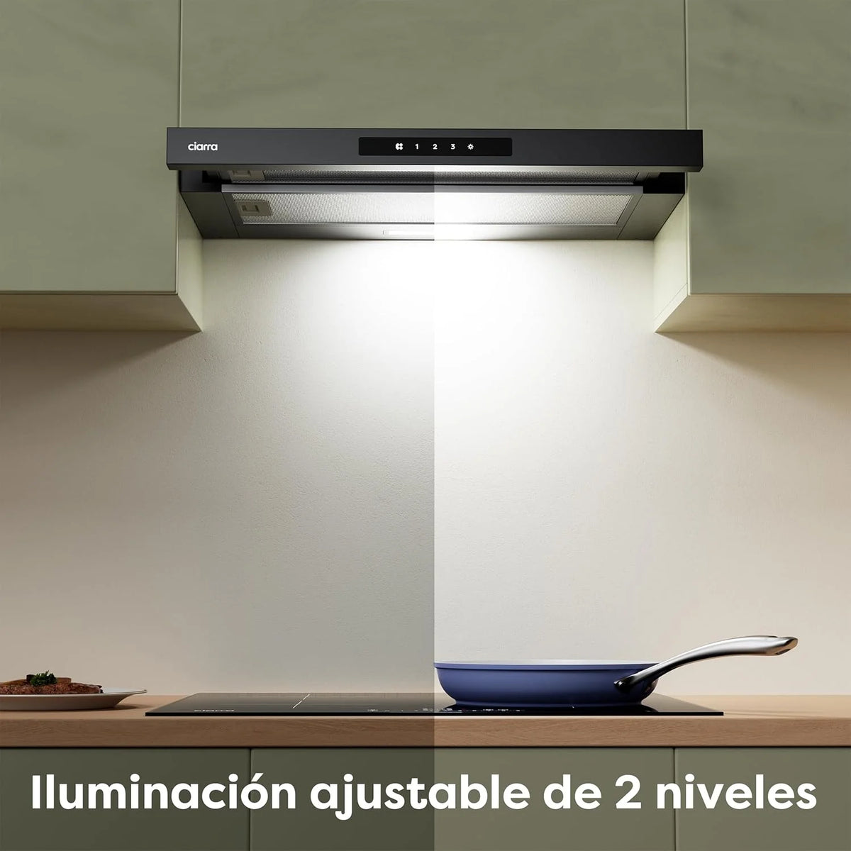 CIARRA CBCB6909A Campana Extractora Telescópica Negra Cocina 60 cm 600 m³ / h Clase A+ 3 Niveles Control Táctil Iluminación LED Filtro de Carbón CBCF055
