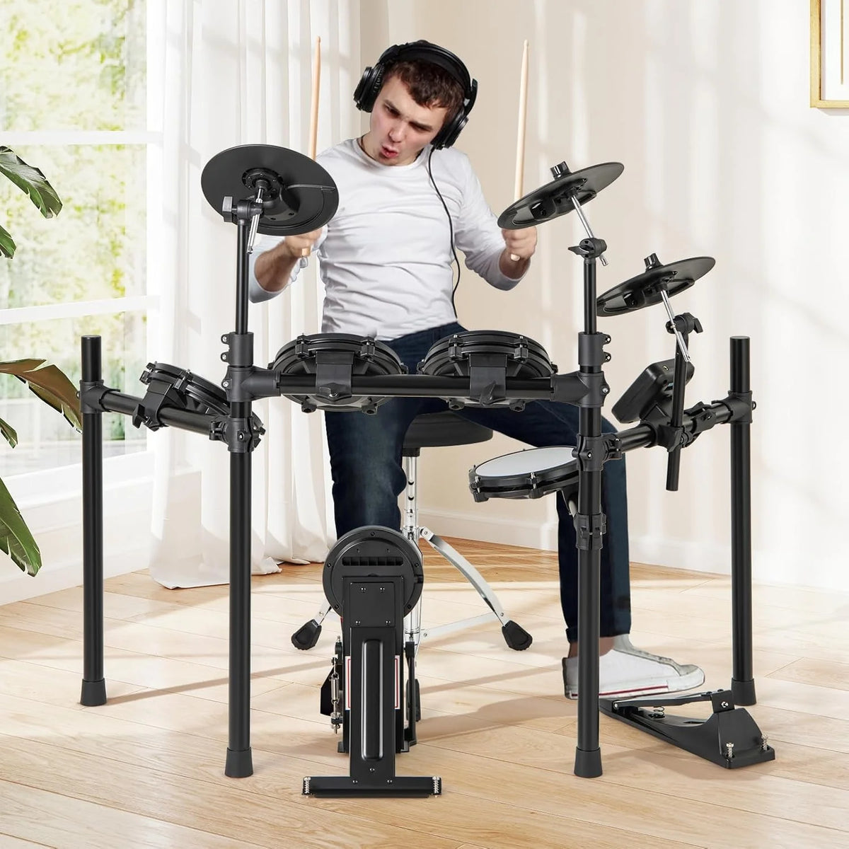 COSTWAY Batería Eléctrica, Kit de Batería Plegable con Pads de Malla Silenciosos, Platillo, 225 Sonidos y 30 Demos, Metrónomo y USB Midi, Bombo, 2 Baquetas, Taburete Ajustable, para Adultos y Niños