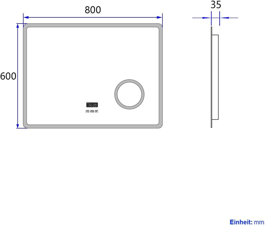 Heilmetz Espejo de baño Iluminado por LED con Lupa 3X, 80 x 60 cm, con Interruptor táctil y función antivaho, Reloj y Bluetooth, Regulable, Tres Colores, Tipo13