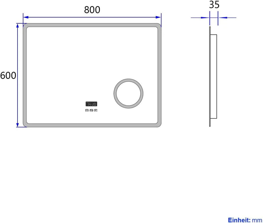 Heilmetz Espejo de baño Iluminado por LED con Lupa 3X, 80 x 60 cm, con Interruptor táctil y función antivaho, Reloj y Bluetooth, Regulable, Tres Colores, Tipo13