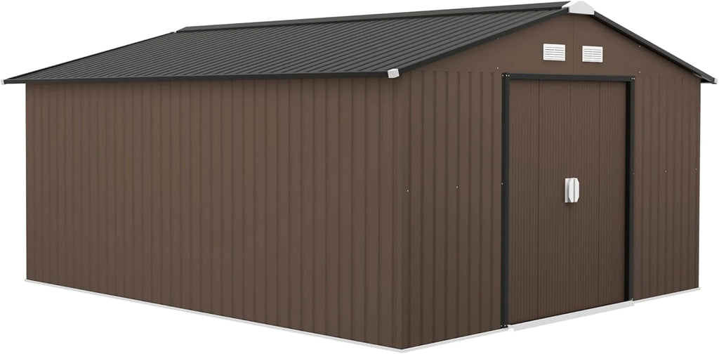 Outsunny Caseta de Jardín Exterior, 12,4 m² 340x386x200 cm, Cobertizo de Jardín Exterior Metálico con Techo de Fibra de Vidrio, Puerta Corredera, Base Refuerzo (Suelo NO Incluido) y Ventanas Marrón