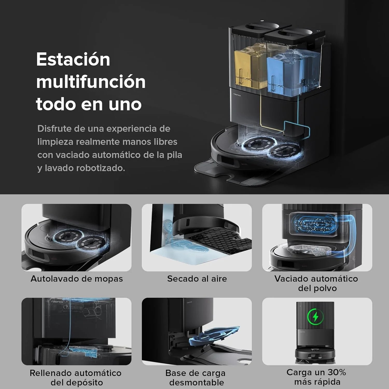 roborock Robot Aspirador QV 35A Set, 8000Pa de succión, Dos mopas giratorias elevables, cepillos antienredos, tecnología reactiva para Evitar obstáculos, navegación y mapeo,Negro