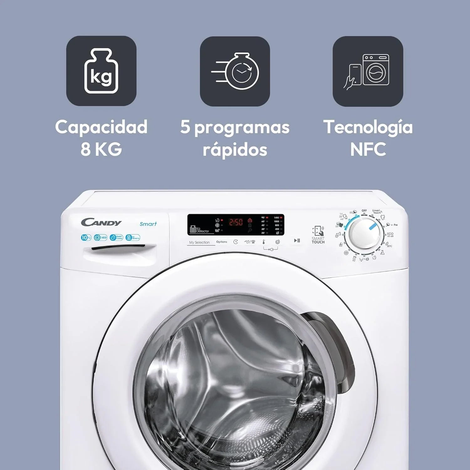 Candy Smart CS 14102DE/1-S, Washing Machine 10 kg, 1400 RPM, Digital Display and Control, NFC Technology, Voice Assistant, 15 Cycles, 5 Fast, Easy Ironing, Delay Start 24H, KG Detector, 81 DB, White