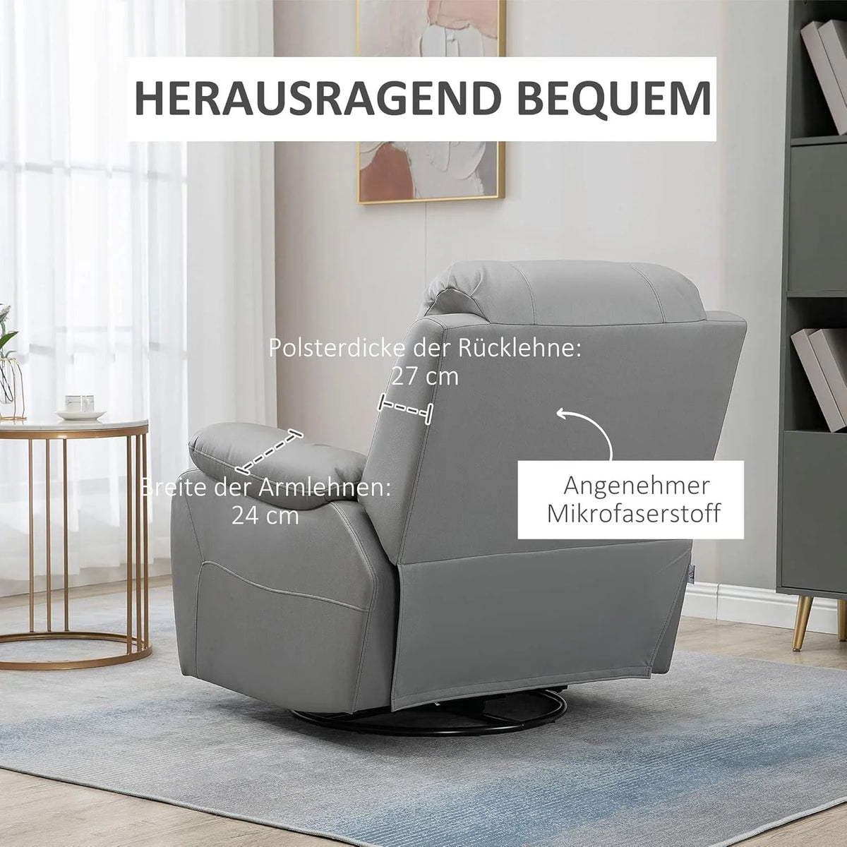 HOMCOM fotel rozkładany 135°, obrotowy fotel TV z podnóżkiem do sypialni w salonie, ładowność do 150 kg poliester zielony