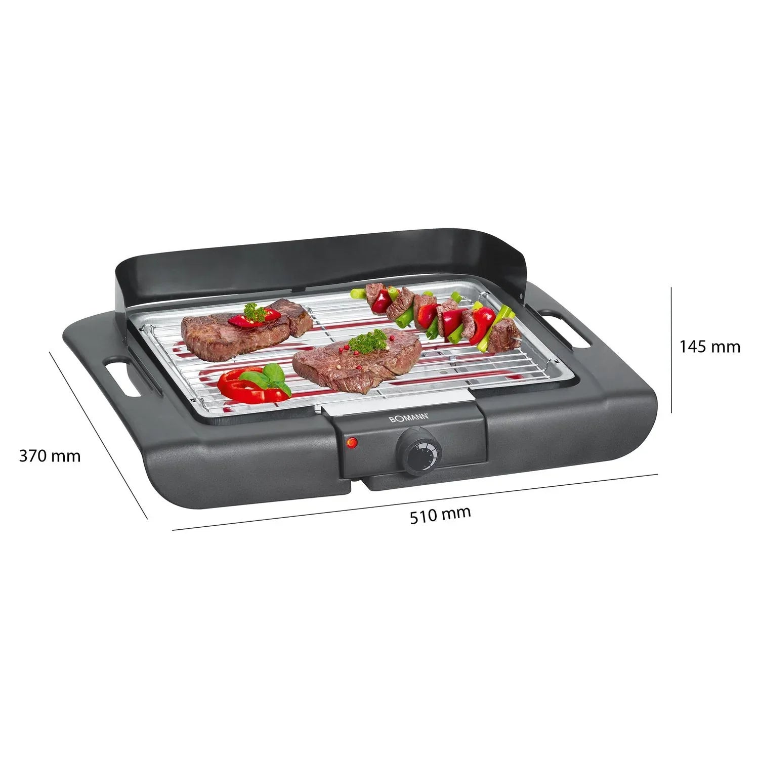 Barbacoa Eléctrica, Parrilla Cromada 36 X 25 Cm, Termostato, Frontal Antiviento, Bandeja Antigoteo Negro 2000w Bomann Bq 2243 Cb