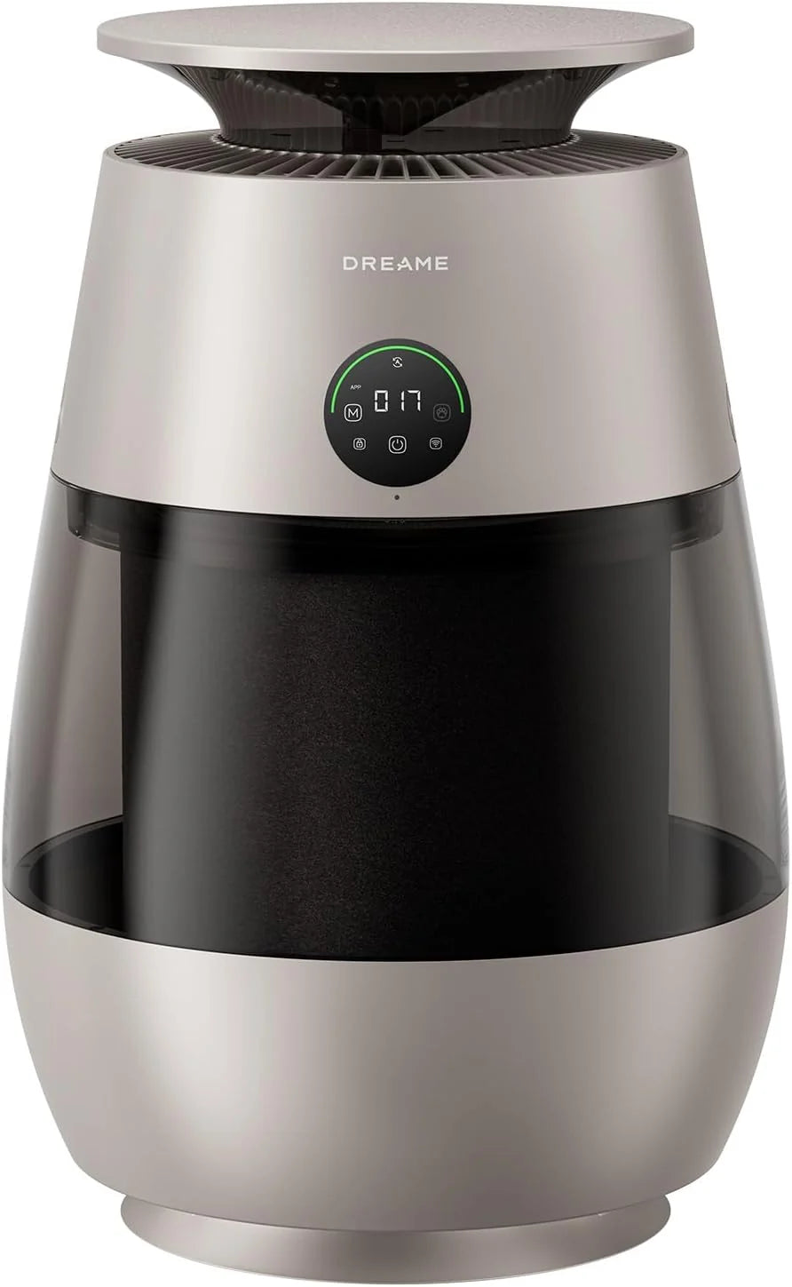 DREAME AP10 Purificador de Aire Para Hogares Con Mascotas, Sistema 360° Alta Presión Negativa, Purificación 5 Etapas Que Captura Pelo y Olores, Transparente, Tapa Curva, Luz Eco, Control Con App