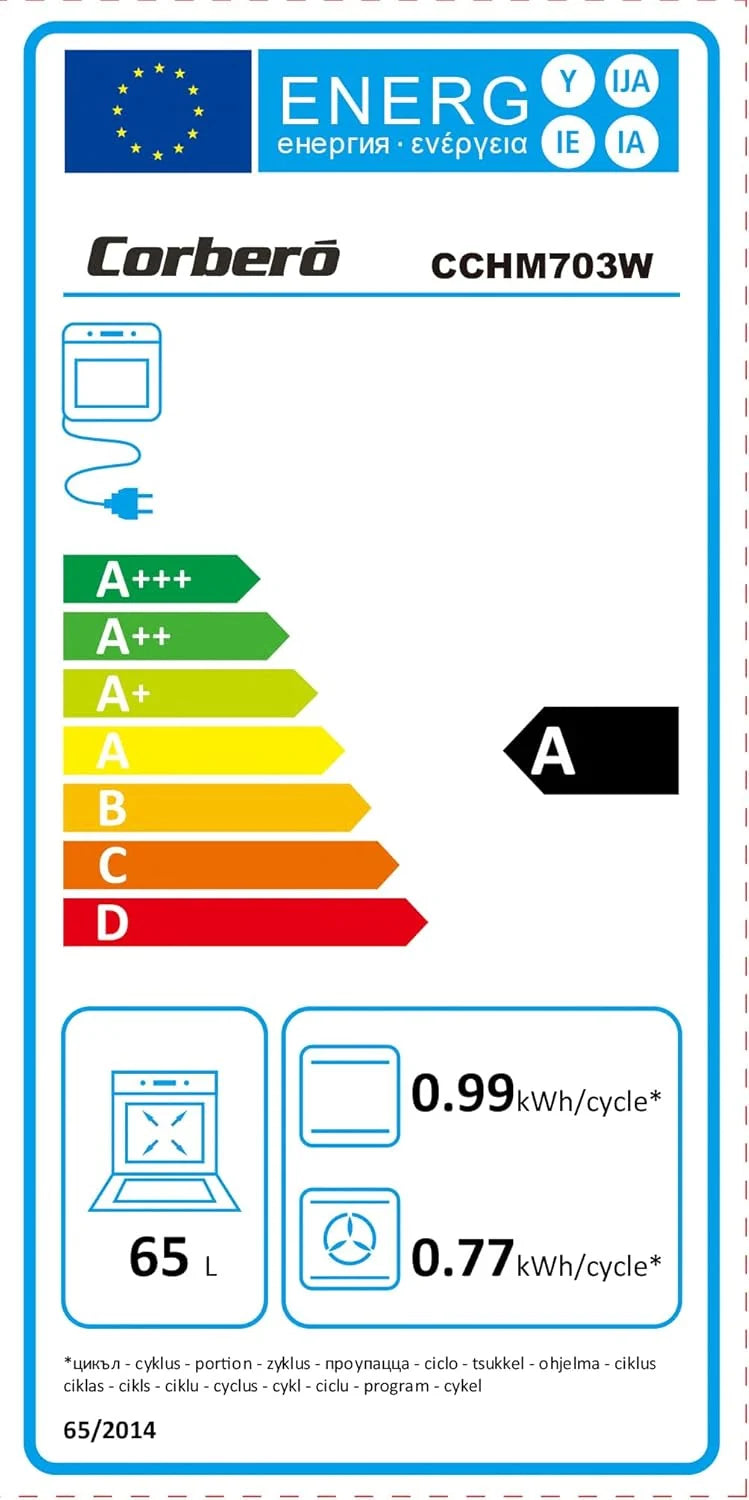 Corbero - Horno Multifunción Hidrolítico 65L | CCHM703W | Limpieza Hidrólisis | 8 Programas | (L)59.5 x (A)59.5x57.5 (H) cm | Luz Interior | Puerta Doble Cristal | 3000W Potencia | Blanco perfil inox