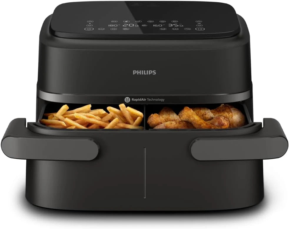 Philips Ovi Dual Basket z parą - Wyjątkowe funkcje gotowania Steamfry, Gotowania na parze, Airfry - 19 sposobów gotowania; pojemność 9L (3L + 6L), RapidAir Plus, automatyczne SteamClean (NA550/00)