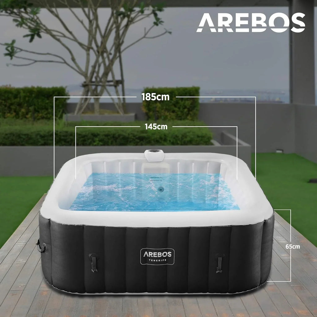 Arebos Whirlpool Inflatable Spa | Hot Tub | 185 x 185 cm | for 6 People | LED Luminous Band | 130 Massage Jets | 910 Litres | Includes Cover | Bubble Massage and Wellness