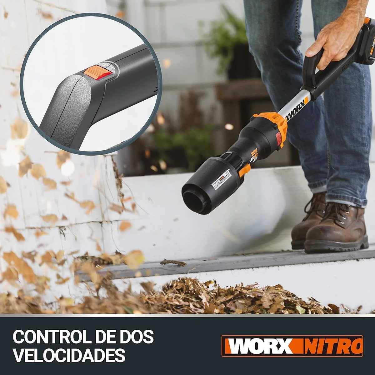 WORX WG543E Soplador de Hojas 20V-4Ah Nitro, superligero 1,7Kg, Motor brushless, 209Km/h, turbina Alto Volumen y Velocidad, para Limpieza de Jardines, Caminos y parcelas, Incluye batería y Cargador