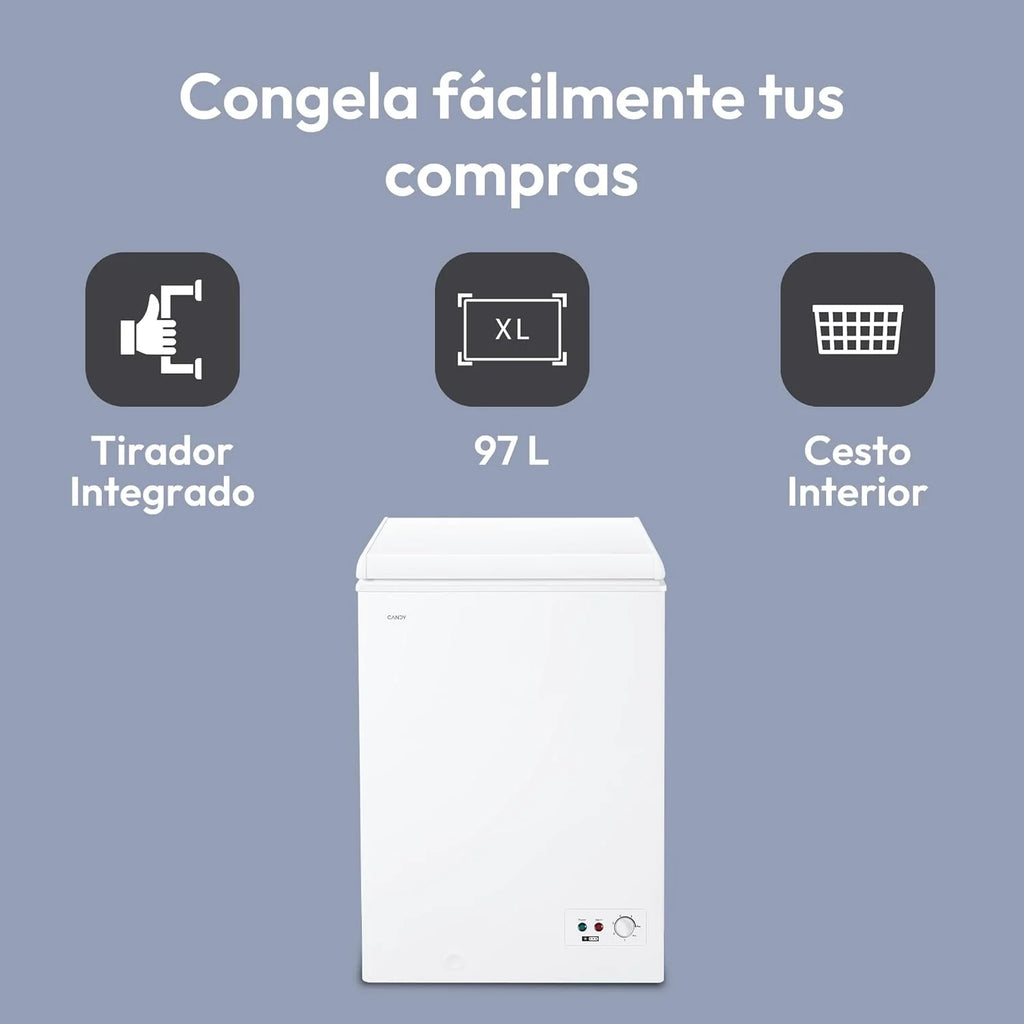 Candy CCHH 100E, Congelador Arcón Horizontal, Ancho 55CM, 97L, Tecnología Estática, 1 Cesto, Control Electrónico Externo, Indicador de Temperatura, Alarma Aumento de Temperatura, 39DB, Blanco