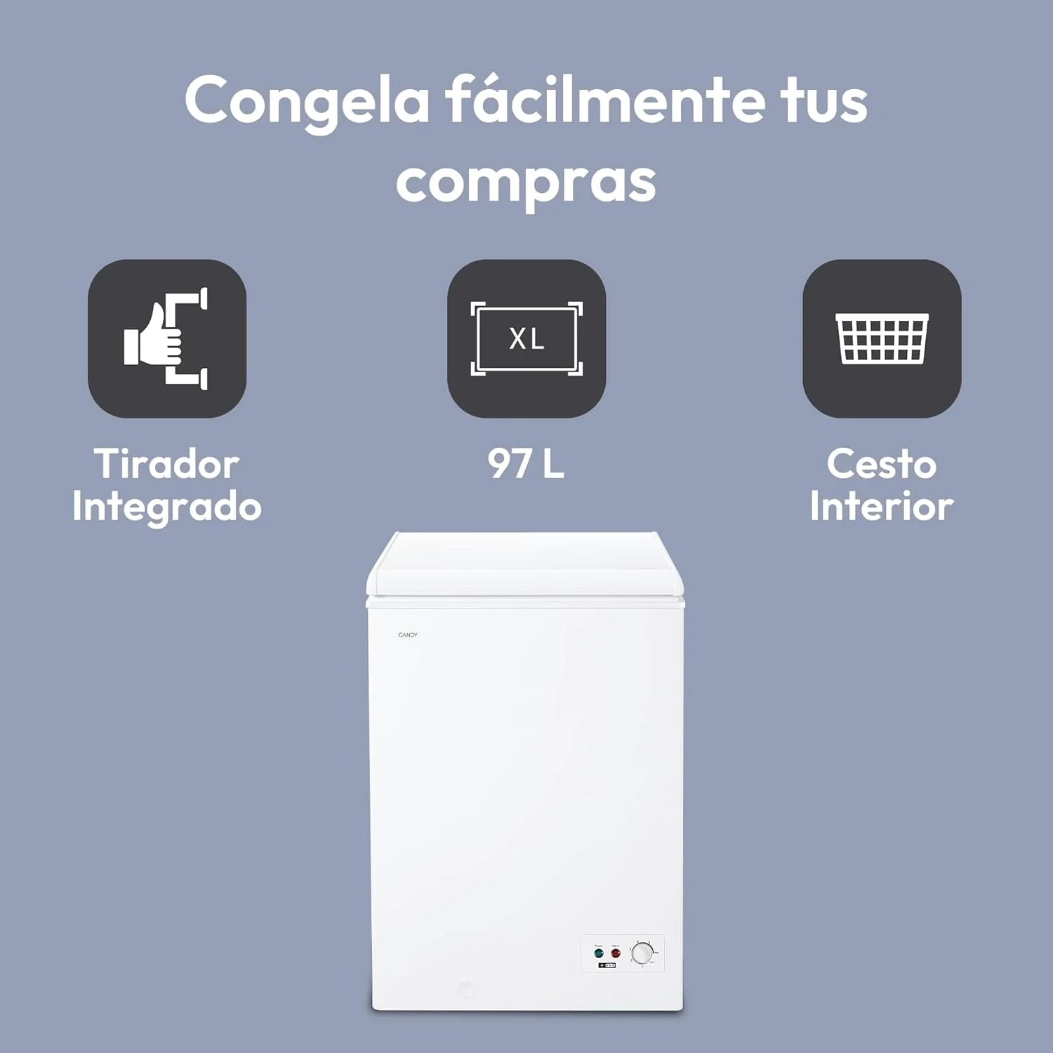 Candy CCHH 100E, Congelador Arcón Horizontal, Ancho 55CM, 97L, Tecnología Estática, 1 Cesto, Control Electrónico Externo, Indicador de Temperatura, Alarma Aumento de Temperatura, 39DB, Blanco