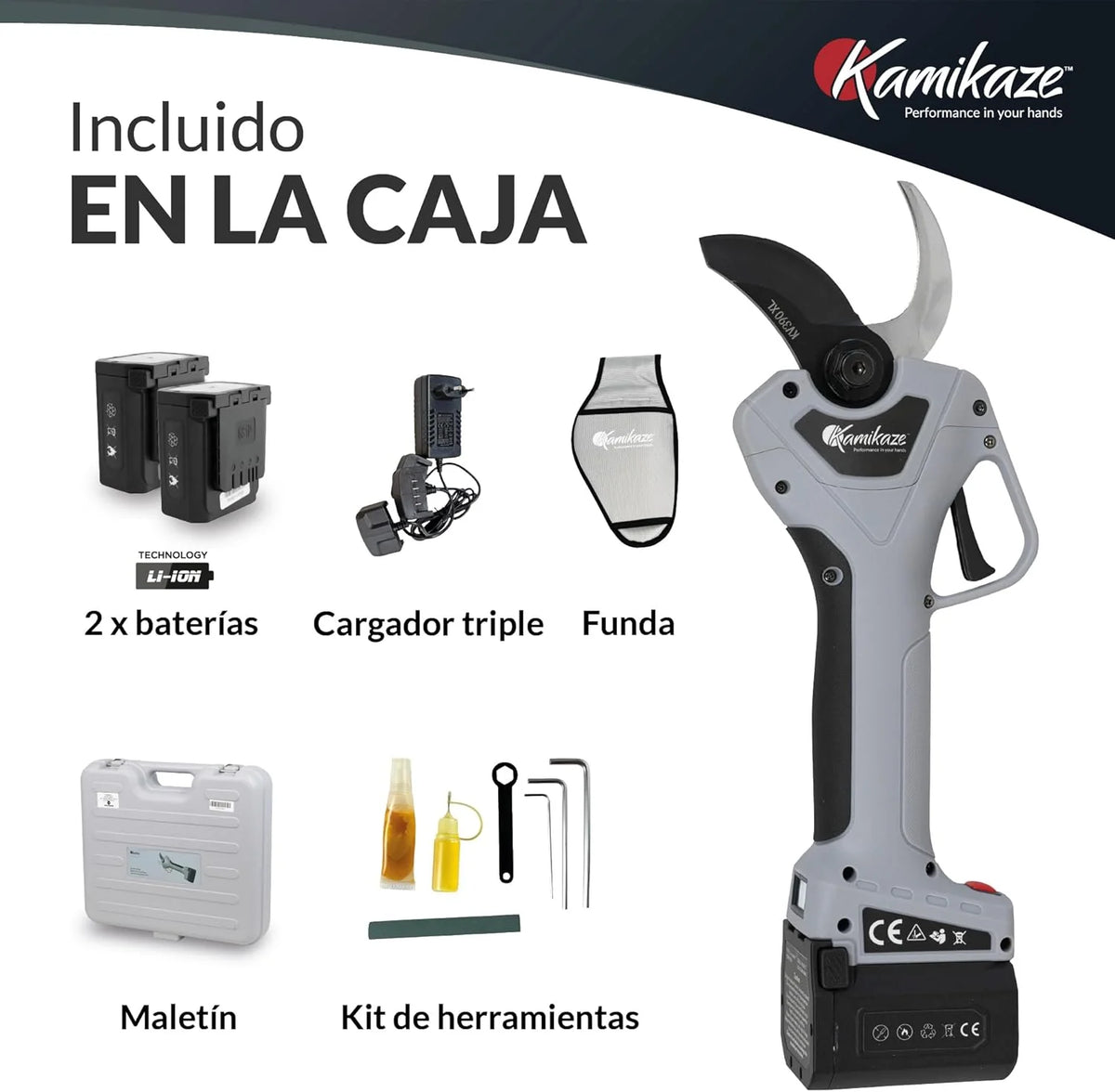 KAMIKAZE KV390 Tijera Eléctrica de Poda Profesional con Batería de Litio 21,6V, Ø35mm de Corte, 2 Baterías y Cargador Triple, Pantalla Inteligente, Kit de Mantenimiento y Maletín de Transporte