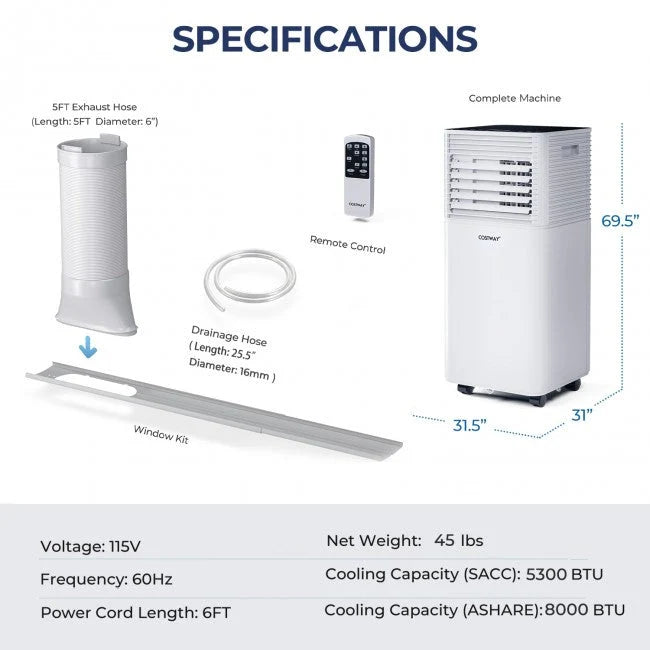 Aire Acondicionado Portátil 3 en 1 de 8000 BTU con Deshumidificador y Modo Ventilador