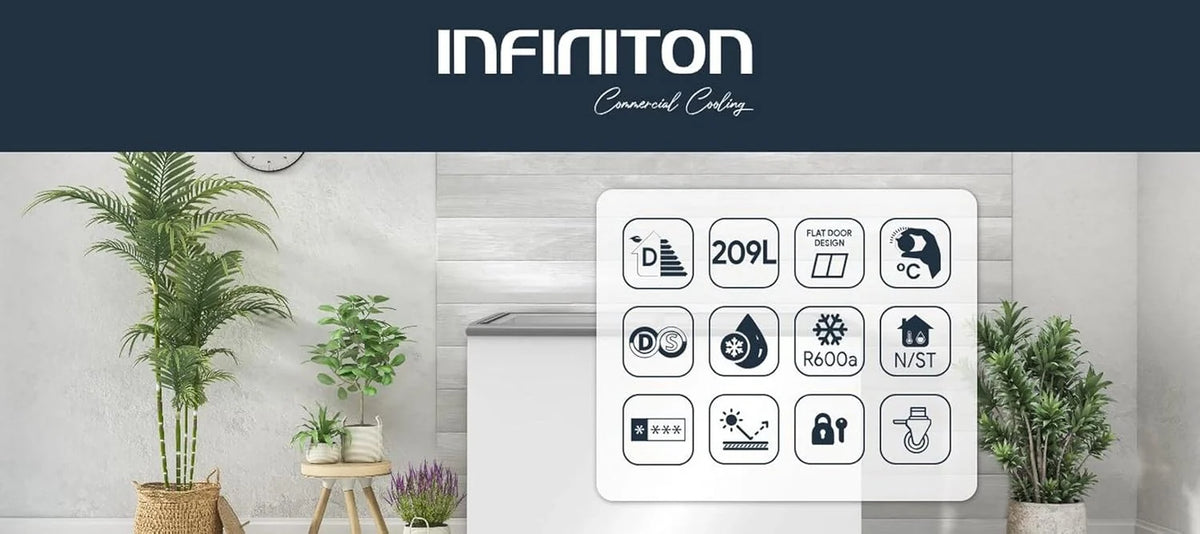 INFINITON Arcon Congelador Industrial FCH-209CC82WEC, 209 Litros, Puerta con diseño Flat door design, Control de temperatura Mecánico, D, Ruedas, Cierre de seguridad con llave