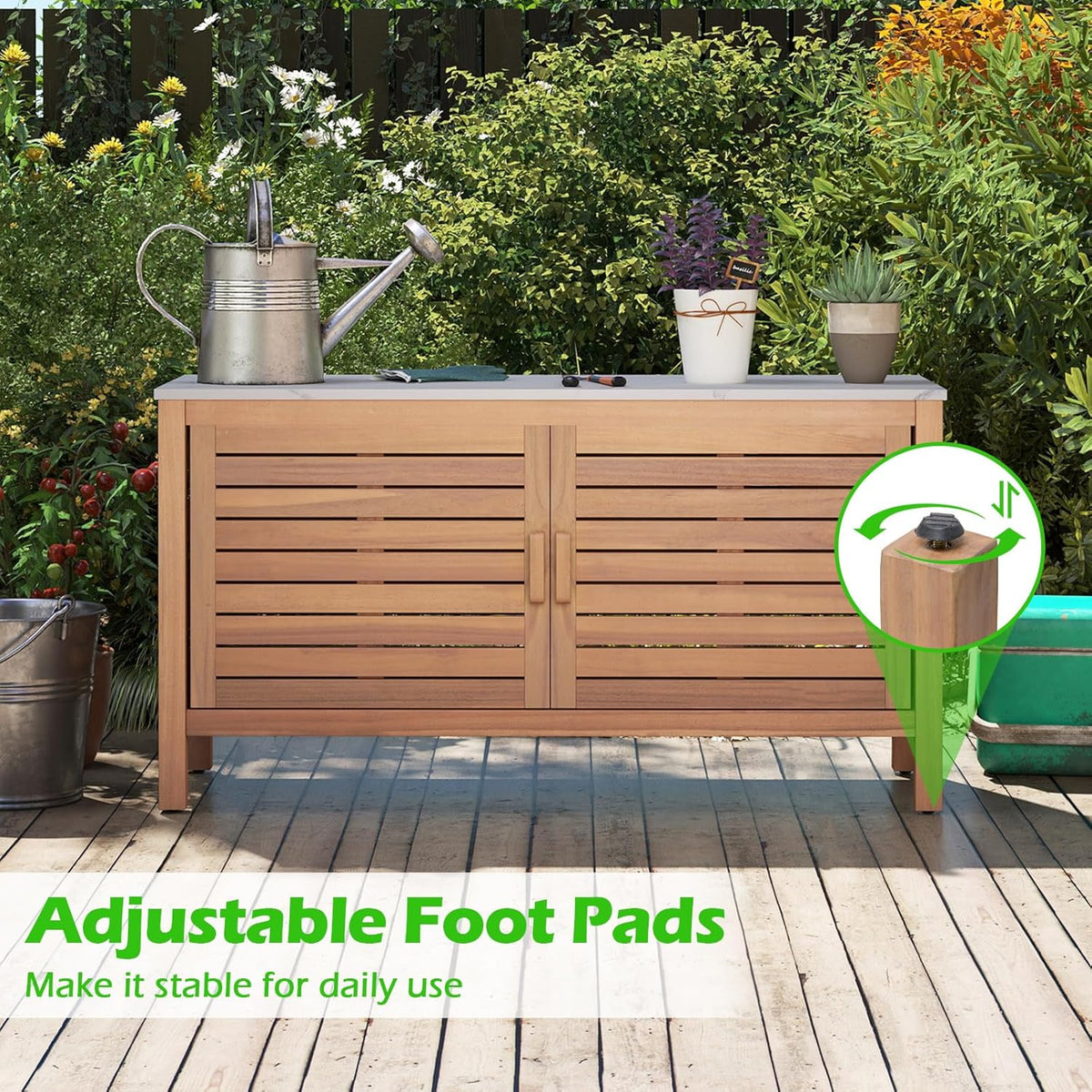 KOMFOTTEU Baúl de Jardín de Madera de Acacia, Caja de Almacenamiento con Doble Puerta y Tapa de Mármol Artificial, Arcón Exterior con Patas Ajustables, Contenedor Organizador para Patio