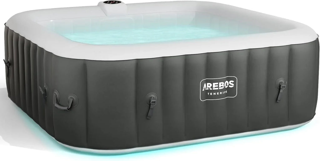 Arebos Whirlpool Inflatable Spa | Hot Tub | 185 x 185 cm | for 6 People | LED Luminous Band | 130 Massage Jets | 910 Litres | Includes Cover | Bubble Massage and Wellness