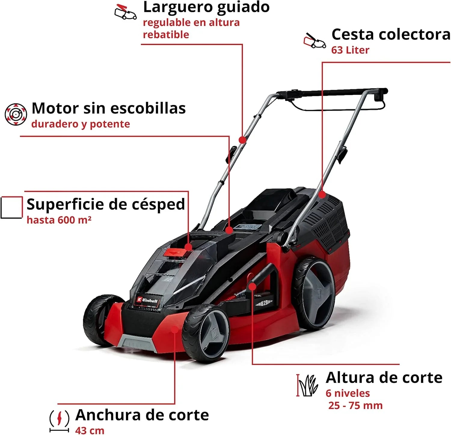 Einhell Battery mower GE-CM 43 Li M Kit Power X-Change (36V, 43 cm Cutting Width, up to 600 m², Brushless, Mulching Function, 63L Collecting Bag, with 2 x 4.0 Ah Batteries and 2 x Chargers)